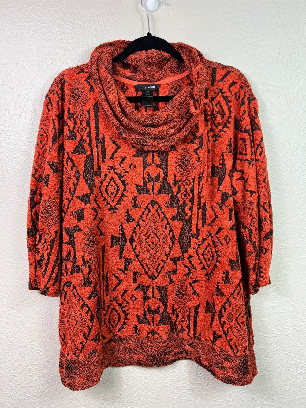 Ali Miles Orange Black Chenille Southwest Print Tie Cowlneck 3/4 Sleeve Tunic 1X